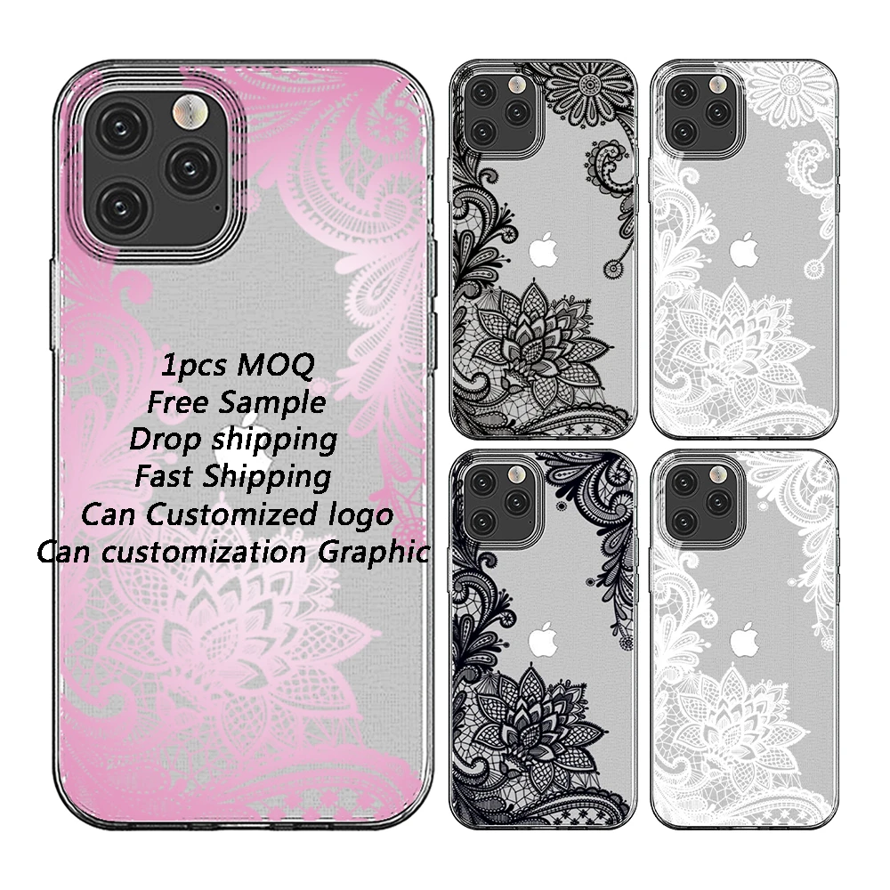 Black white lace design Soft TPU cell Phone Case For iPhone 12 pro max