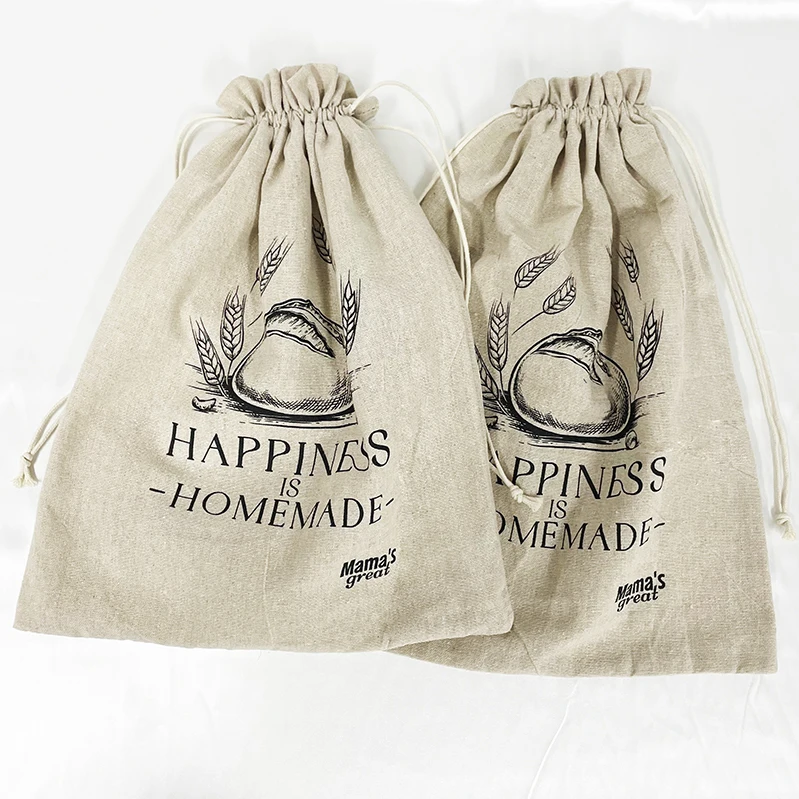 Custom Brand Logo Eco friendly Drawstring Reusable Bread Bags Cotton Linen Baking Food Bags For Bakery
