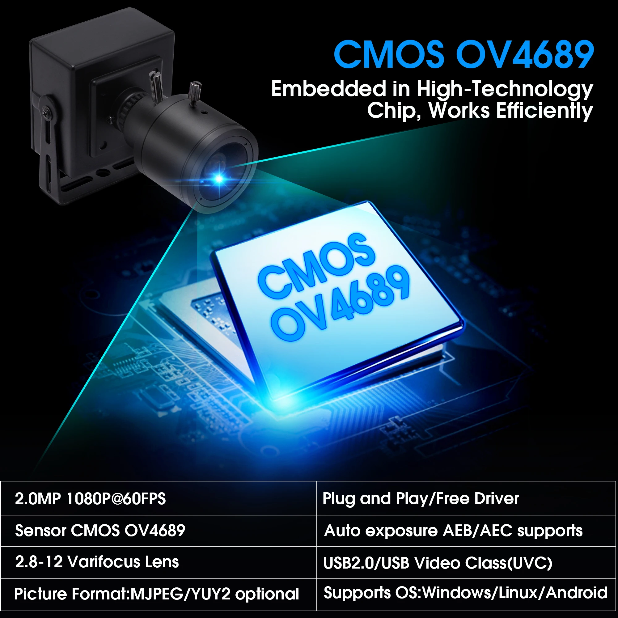 ELP 1080P 60fps PC Webcam 260fps Zoom 4x CMOS OV4689 Color PC HD Mini USB Digital Video Camera With 2.8-12mm Varifocal Lens