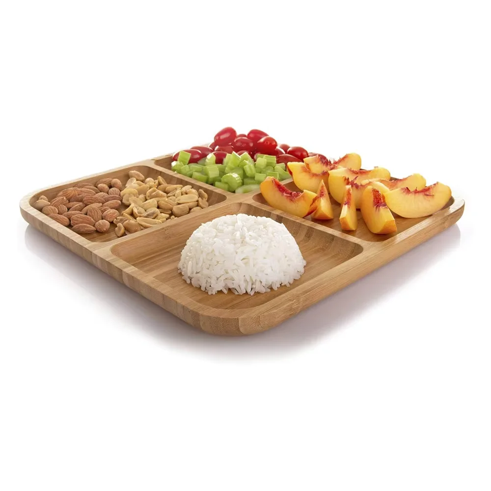 Bamboo Divided Plate Wooden Control Plate Diet Plate with 4 Compartment Sectional Wooden Dish for Weight Loss Divided Wood Tray