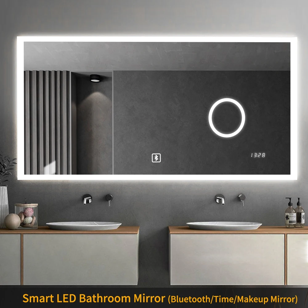 Accept custom front lighted led bathroom mirror magnifying with clock and bluetooth speaker rectangle 48 inch 32 inch