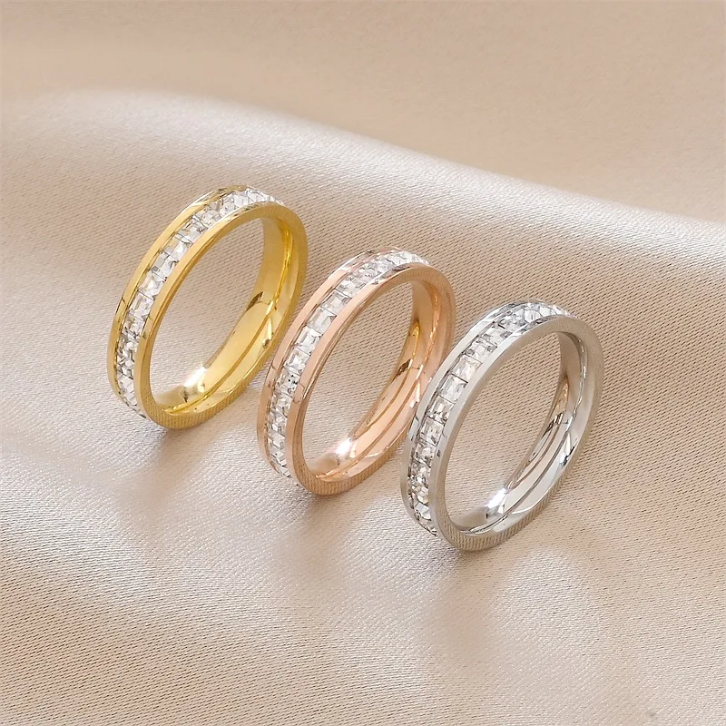 Fashion Double Row Single Square diamond Ring Unisex 18K Stainless Steel Jewelry Trendy Rhinestone Ring for Women Men Wholesale