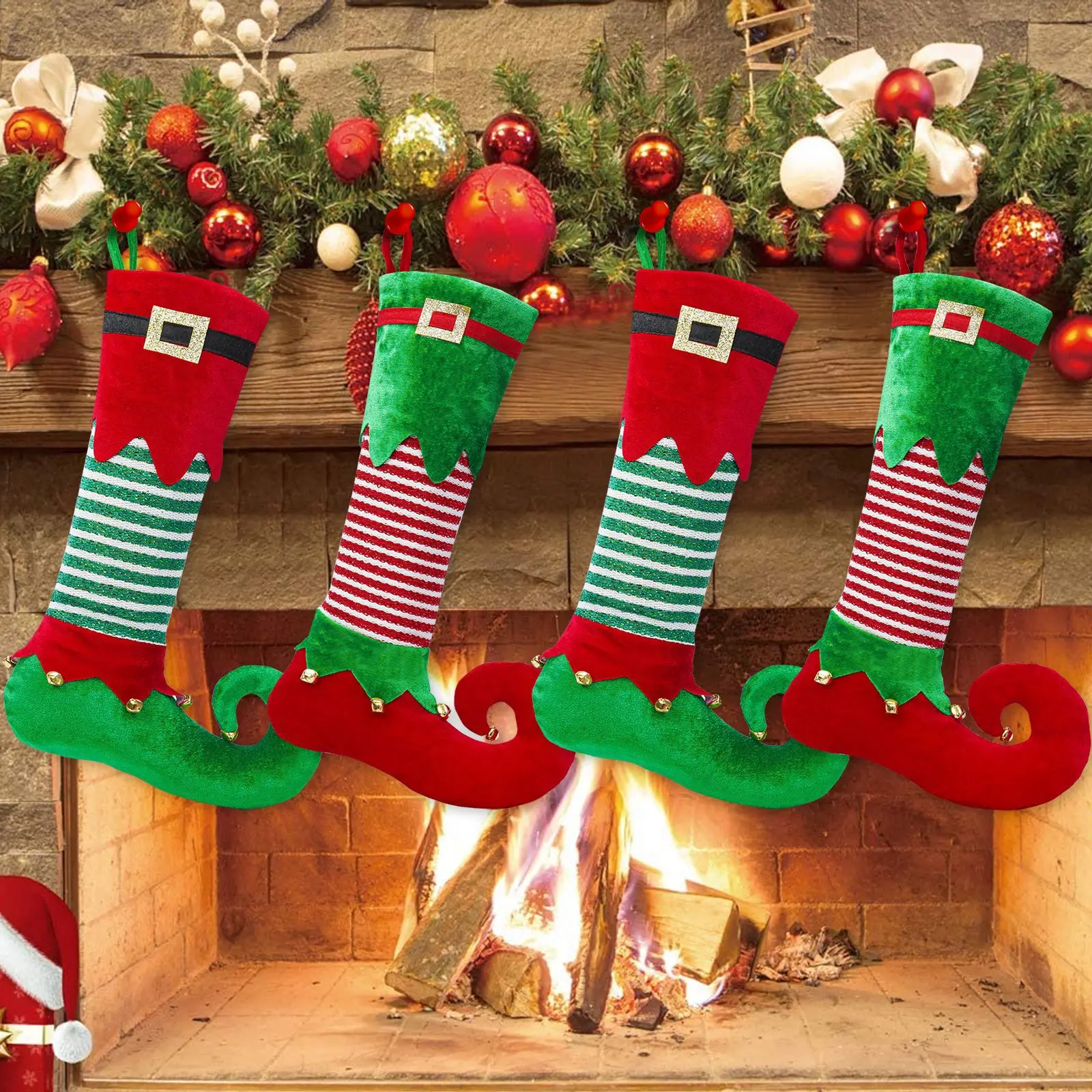 2024 Lovely Green Fleece Christmas Elf Stocking Christmas Tree Gift Fireplace Xmas Socks Hanging Ornaments Decoration
