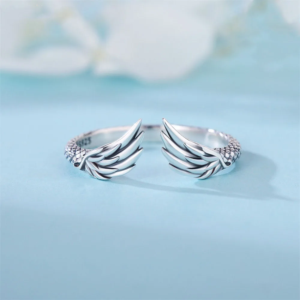 Classic Vintage Plain Sterling Silver Rings 925 Sterling Silver Engraved Angel Wings Open Adjustable Ring