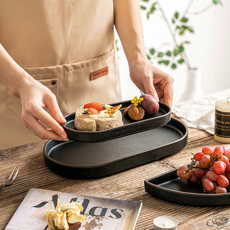 Black Clay Oval Ceramic Steak Plates Restaurant Tableware Retro Half Disk Salmon Sushi Snack Appetizer Plates