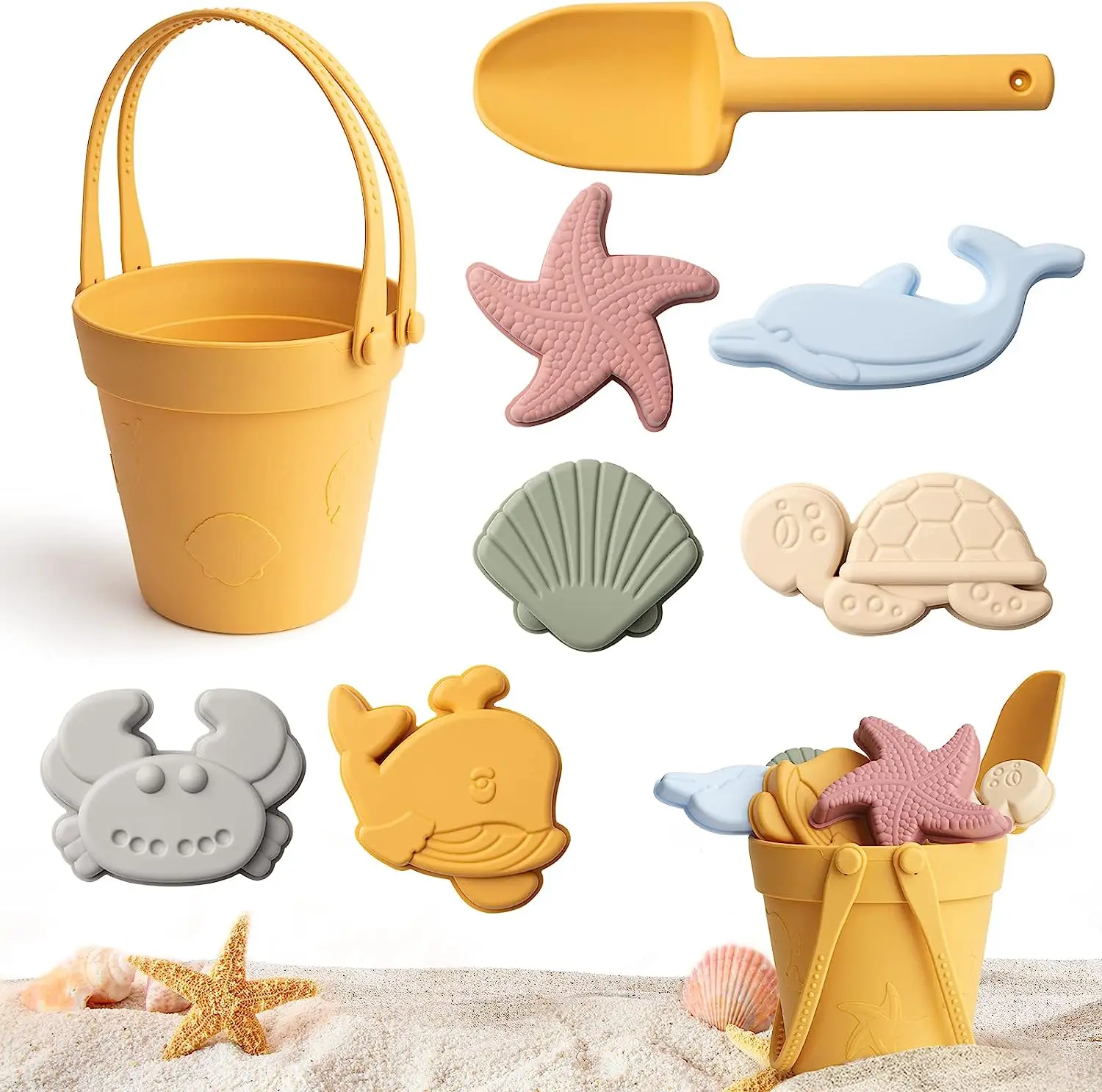 100% Food Grade Children Seaside Baby Beach Toy 8pcs Set Playing Water and Sand Digging Silicone summer Beach Toys Set