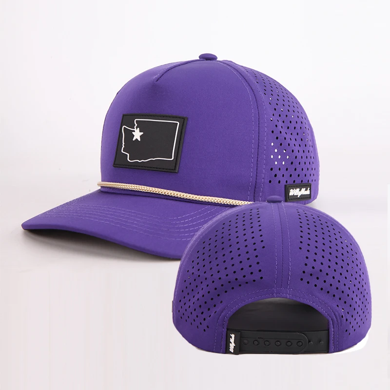 custom 5 panel rubber patch waterproof laser cut hole flat brim Waterproof Rope Sport Hat men baseball hat