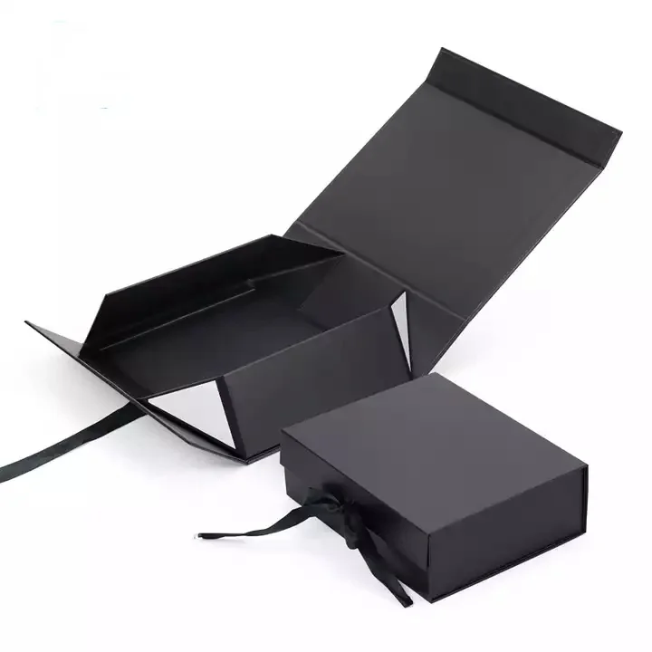 Luxury deep glossy lamination black foldable gift box packaging with magnetic lid