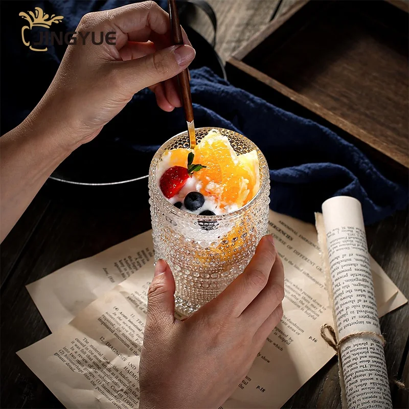 JINGYUE Wholesale Embossed Old Fashioned Mojito Cognac Barware Hobnail Beaded Glass Cups for Wedding Graduation