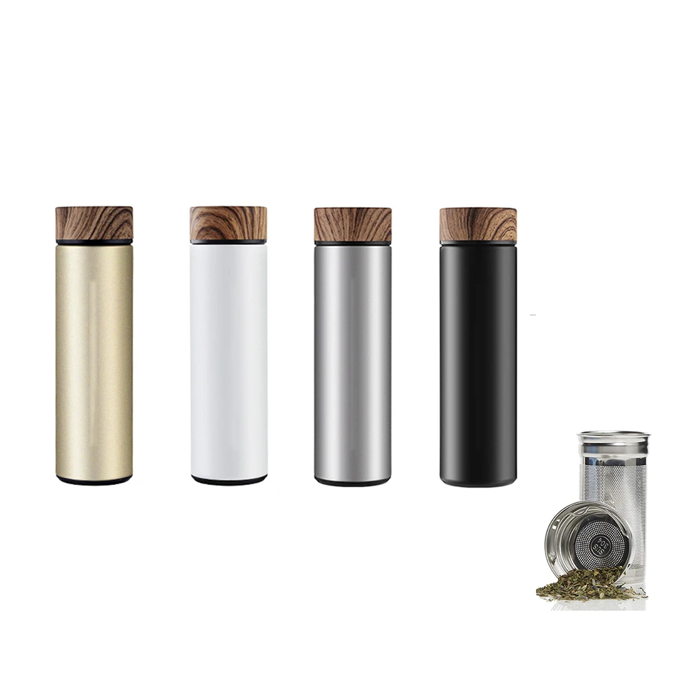 Stainless Steel  Water Bottle Double Wall  Insulated Vacuum Flask Thermal cup with Tea Infuser Wood Grain Lid Thermos bottle