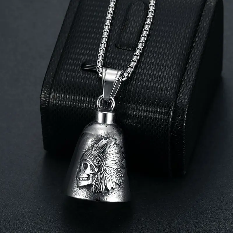 Wholesale Indian Headdress Guardian Bell Motorcycle Gremlin Stainless Steel Pendant Necklace Keyring Gifts for Men and Women