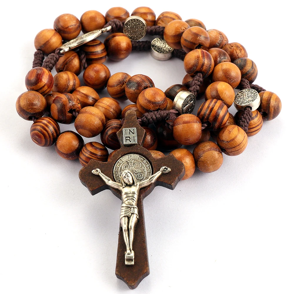 Catholic Handmade Wooden Beads Religious Necklace Cross Religious Prayer Virgin Mary Jesus Necklace
