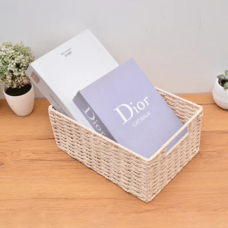 Square Rectangular Basket Handle Table Storage Basket Environmental Rattan Organizer Box