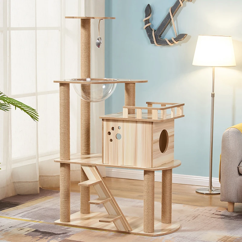 interactive toy luxury wooden climbing cat tree tower with space cover