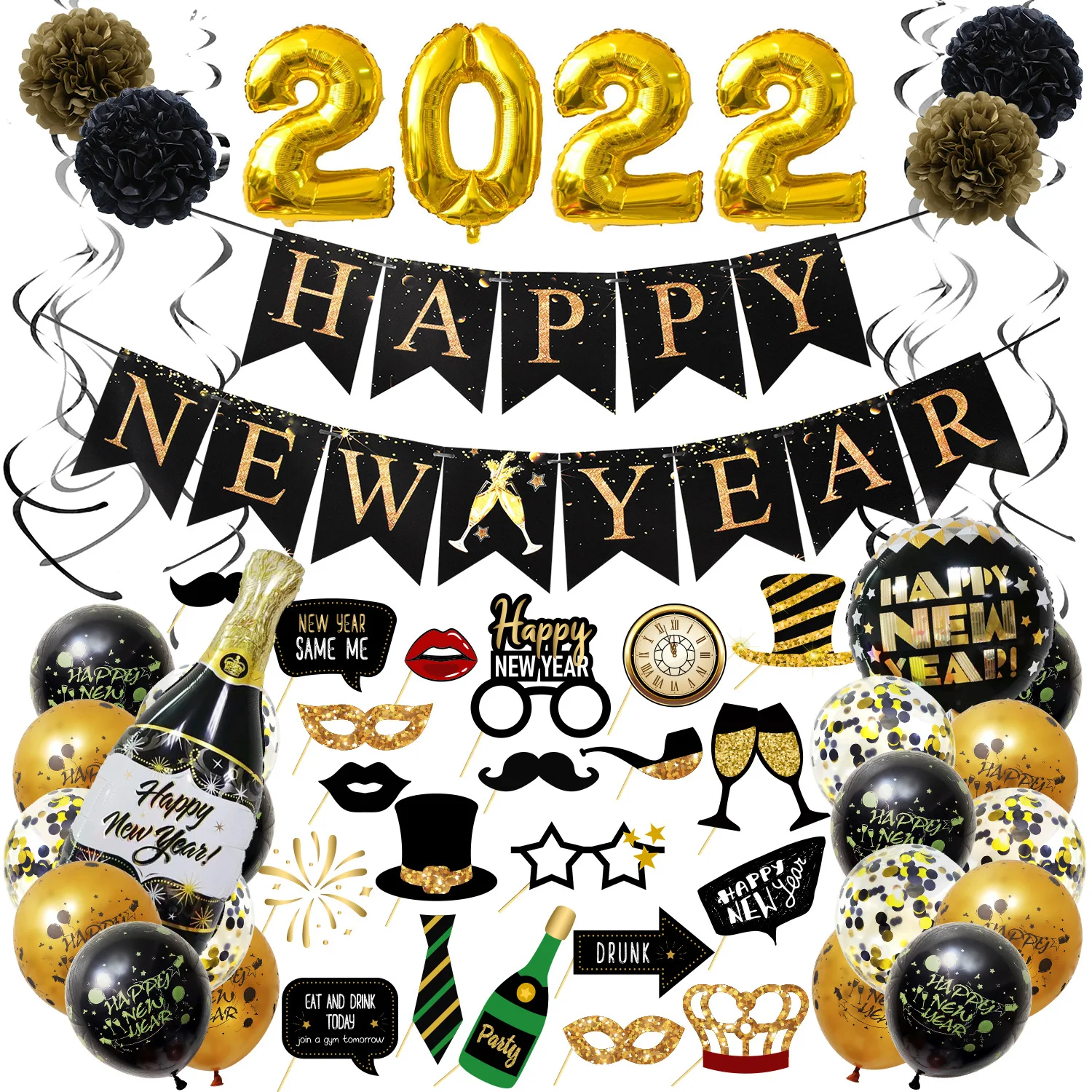 Xieli Wholesale 2022 Happy New Years Eve Party Supplies 57PCS Black and Gold Party Decoration Gift Set