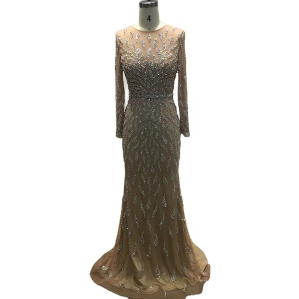 Luxury Gold Beaded Sequin O Neck Long Sleeves Dubai Muslim Muslimsh Women Gowns Clothing Mother Of The Bride Prom Dresses 2024