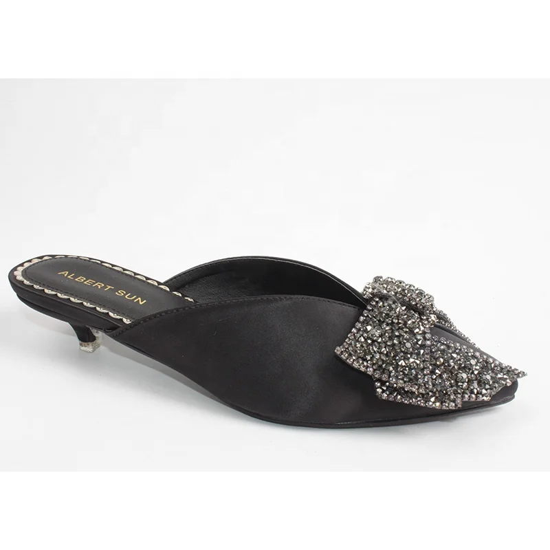Ladies girls low heel satin party wedding fancy cushion diamante pointed mules slides shoes