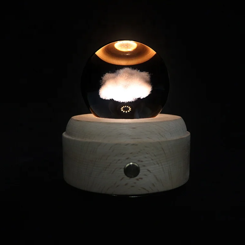 Hot Sale Music Box Bed Lamp Night Light 3d Crystal Ball Lamp With Led Lighting Wood Base