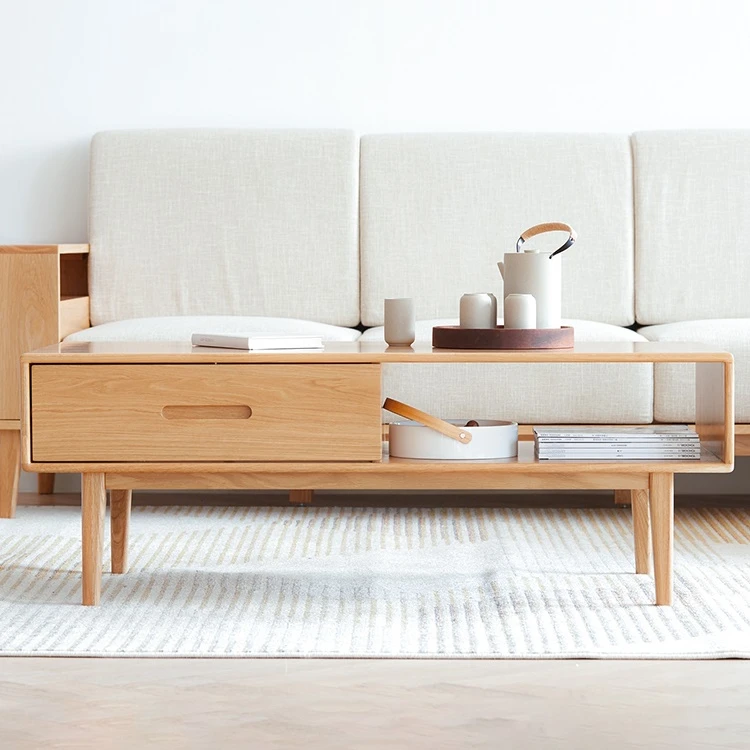 F8071 Wholesale solid oak wood living room furniture with 2 drawers and 1 grid nordic simple modern style storage coffee table