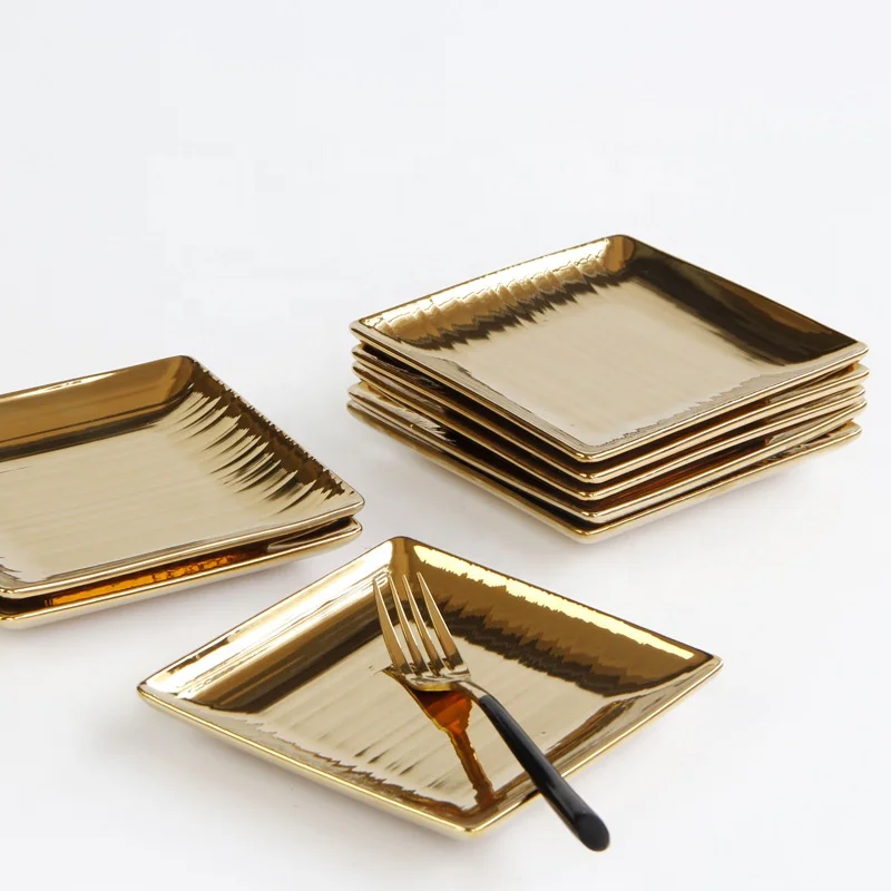Golden Ceramic Tableware European Luxury Horizontal Pattern Square Ceramic Plate Dessert Fruit Plate Jewelry Plate Key Tray
