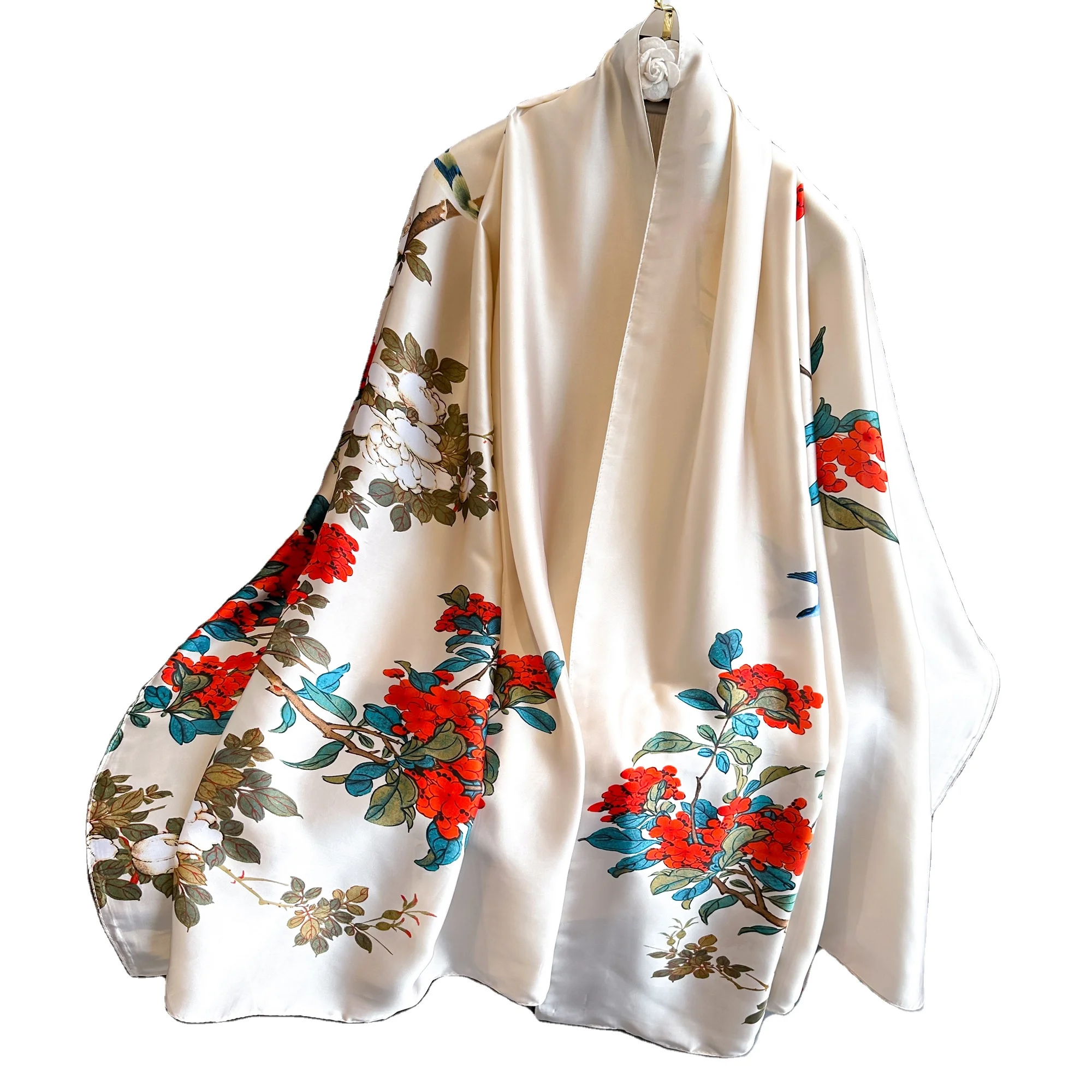 Wholesale custom logo new arriving digital printing China national floral elegant silk feeling scarf for women