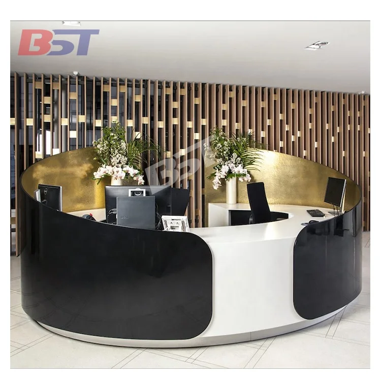 Luxury glossy reception counter type round modern mall fashion artificial stone reception desk