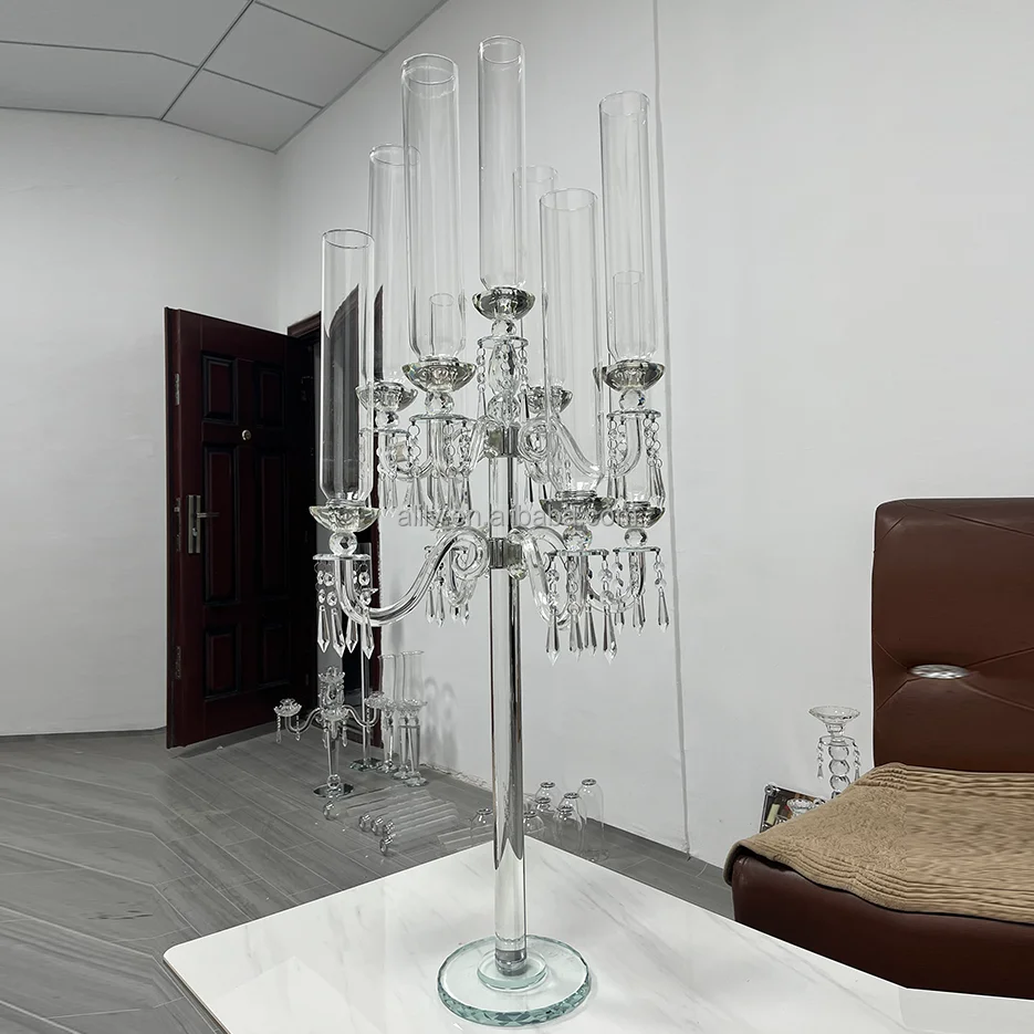 Tall Crystal Candelabra Centerpiece Suppliers 9 Arms Clear Crystal Candlesticks Holder For Wedding Decor