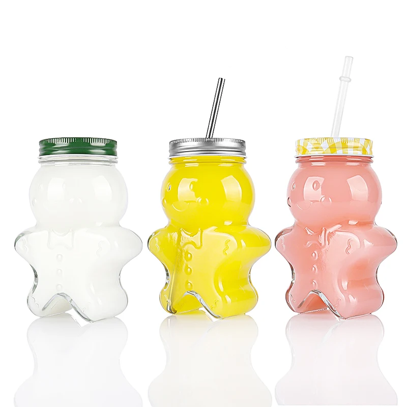 Gingerbread man design glass juice beverage bottles with twist off lids and straw 500ml