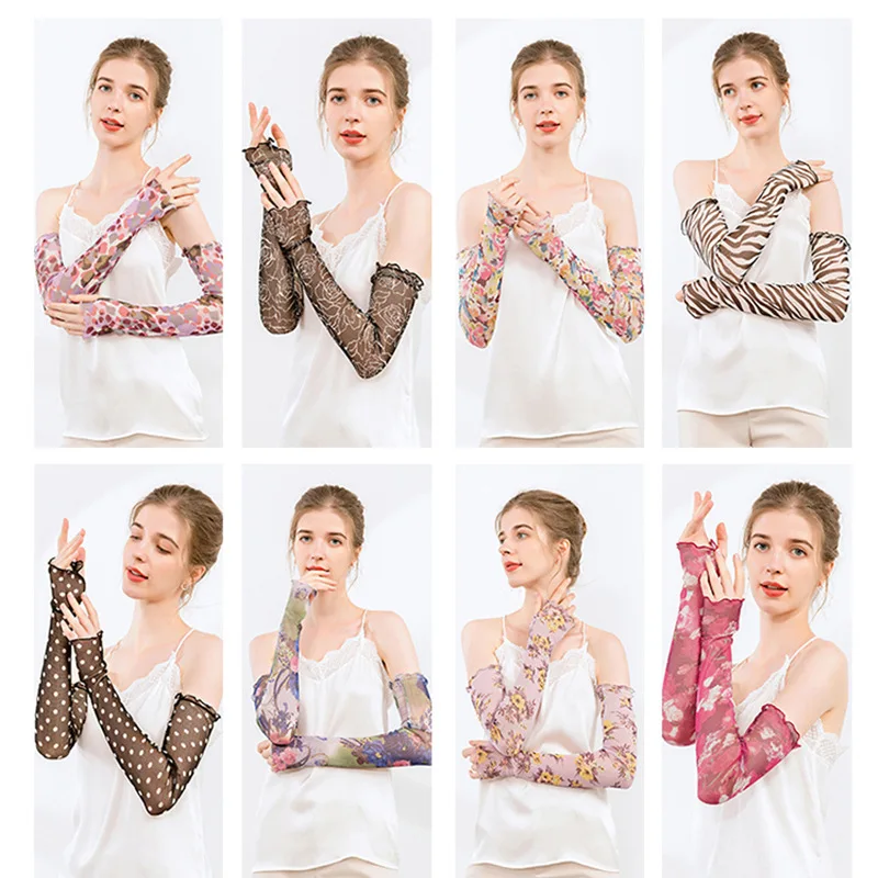 Summer Breathable Elegant Accessories Floral Printed Women 100% Silk Fingerless Gloves for Sun Protection