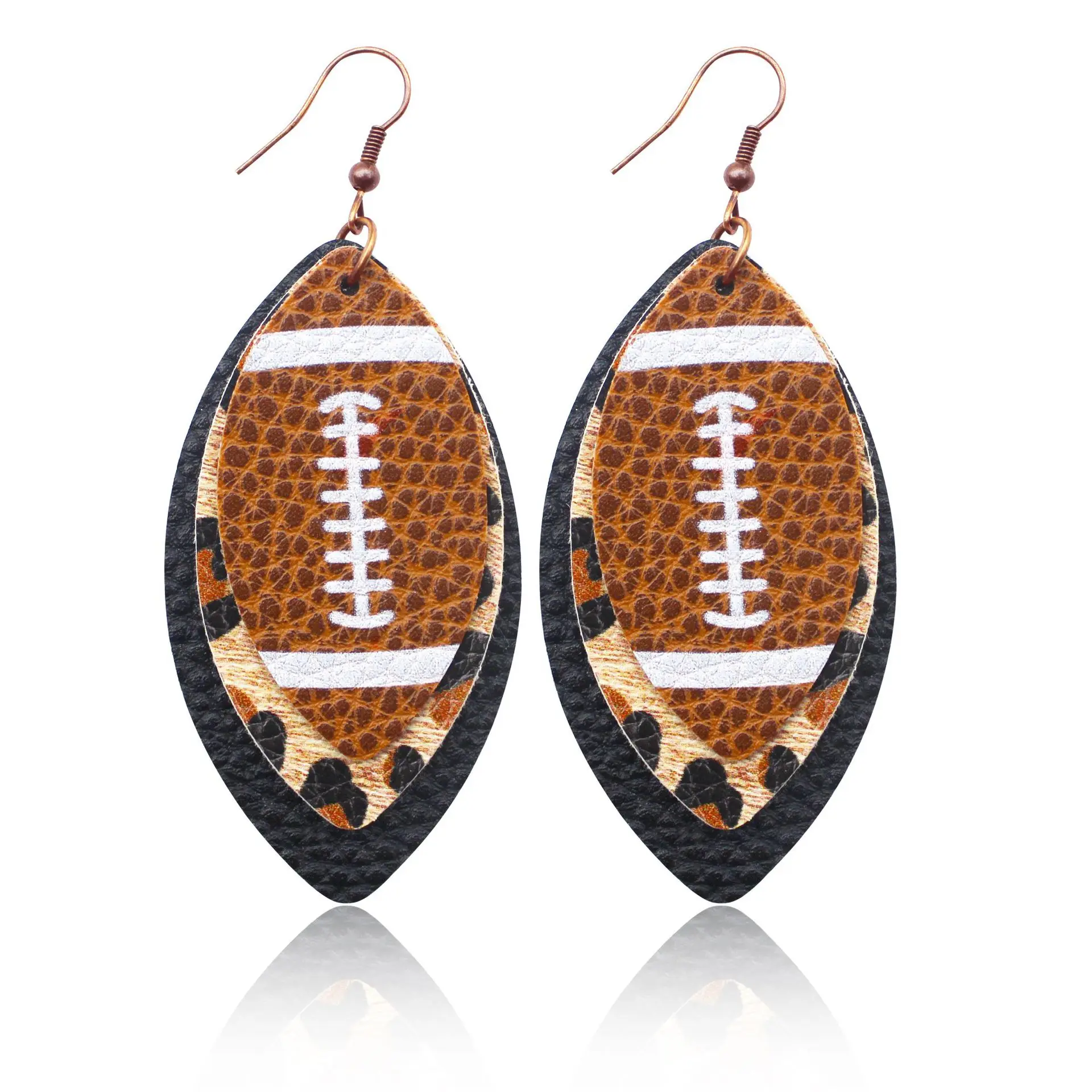 Sporty style rugby brown leopard leaf three-layer leather dot diamond rugby earrings