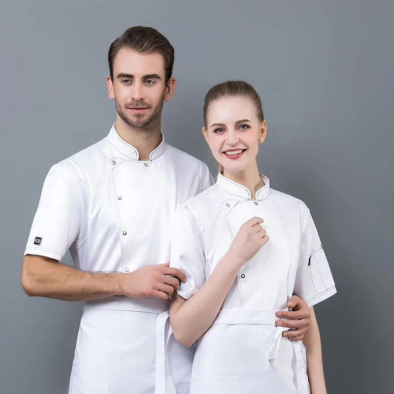 OEM Wholesale Custom Summer Hotel Uniforms Black Short Sleeve Chef Jacket Quantity Cotton Unisex Item Style Time Lead Fabric BEI