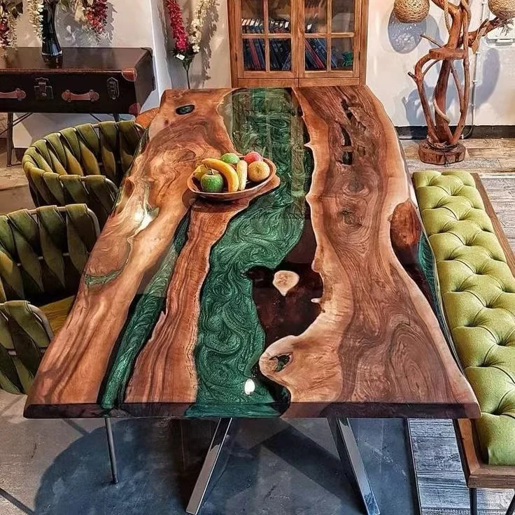 High Quality Fashion Luxury Solid Walnut Wood Restaurant Cafe Rectangular Coffee River Kitchen Epoxy Resin Slab Dining Table
