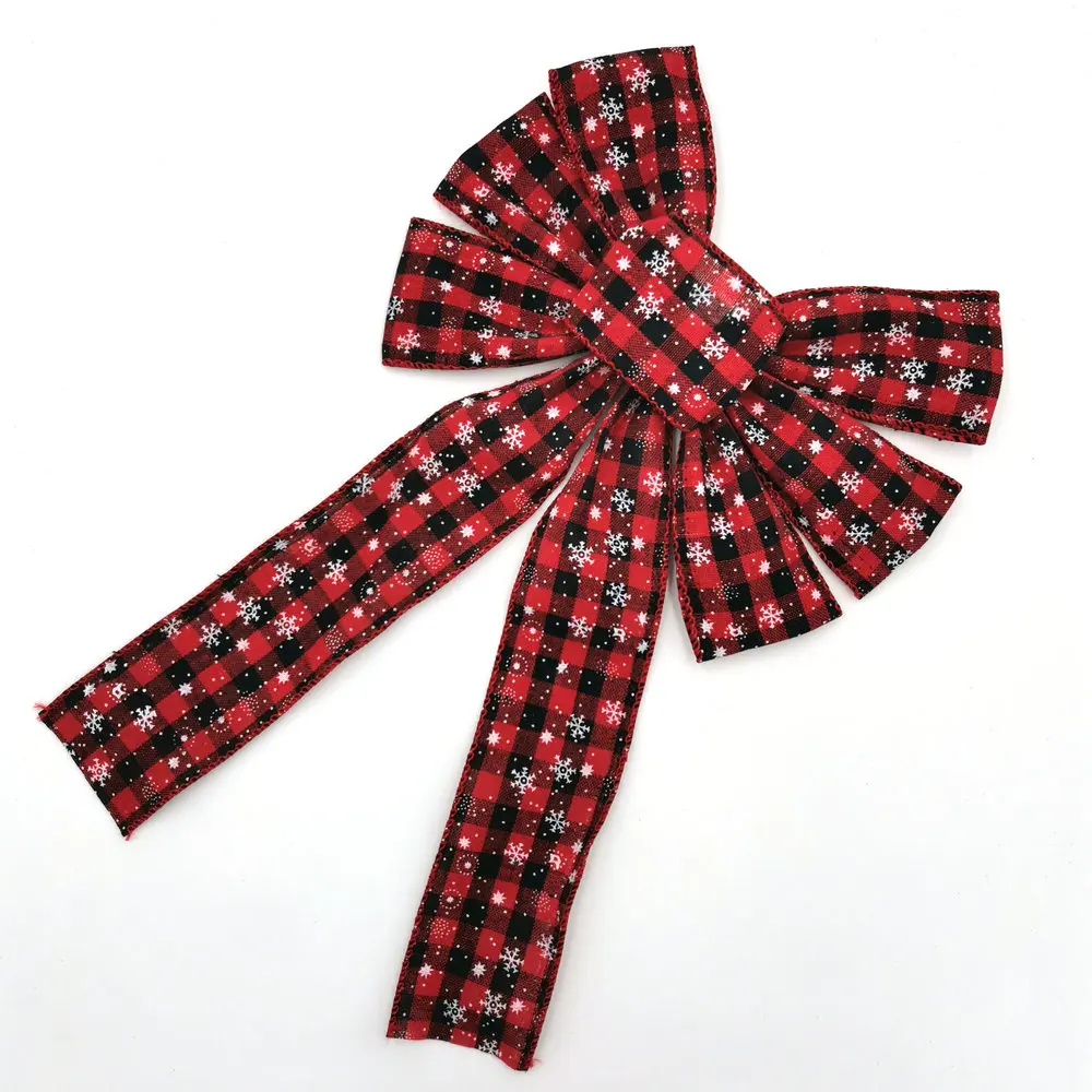 Snowflake Red Black Buffalo Checker Plaid Tartan Premade Ribbon Bow Tie for Christmas Holiday Tree Window Door Wreath Decoration