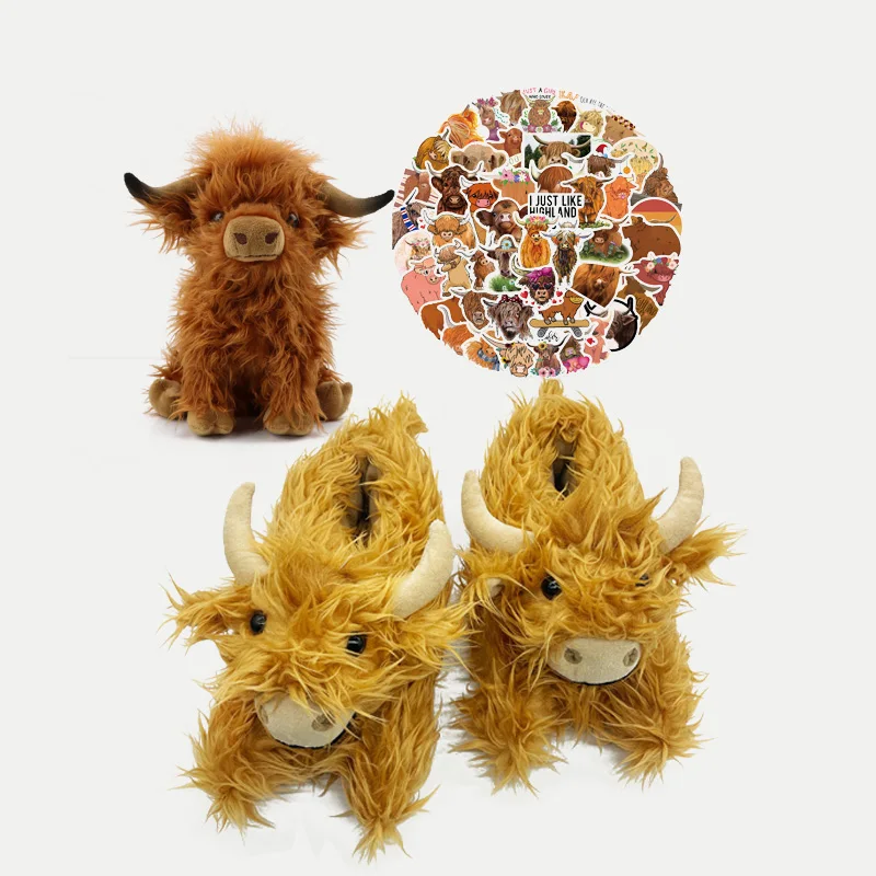Wholesale customization highland cow plush toys slippers Stickers  decor  stuffed animal set
