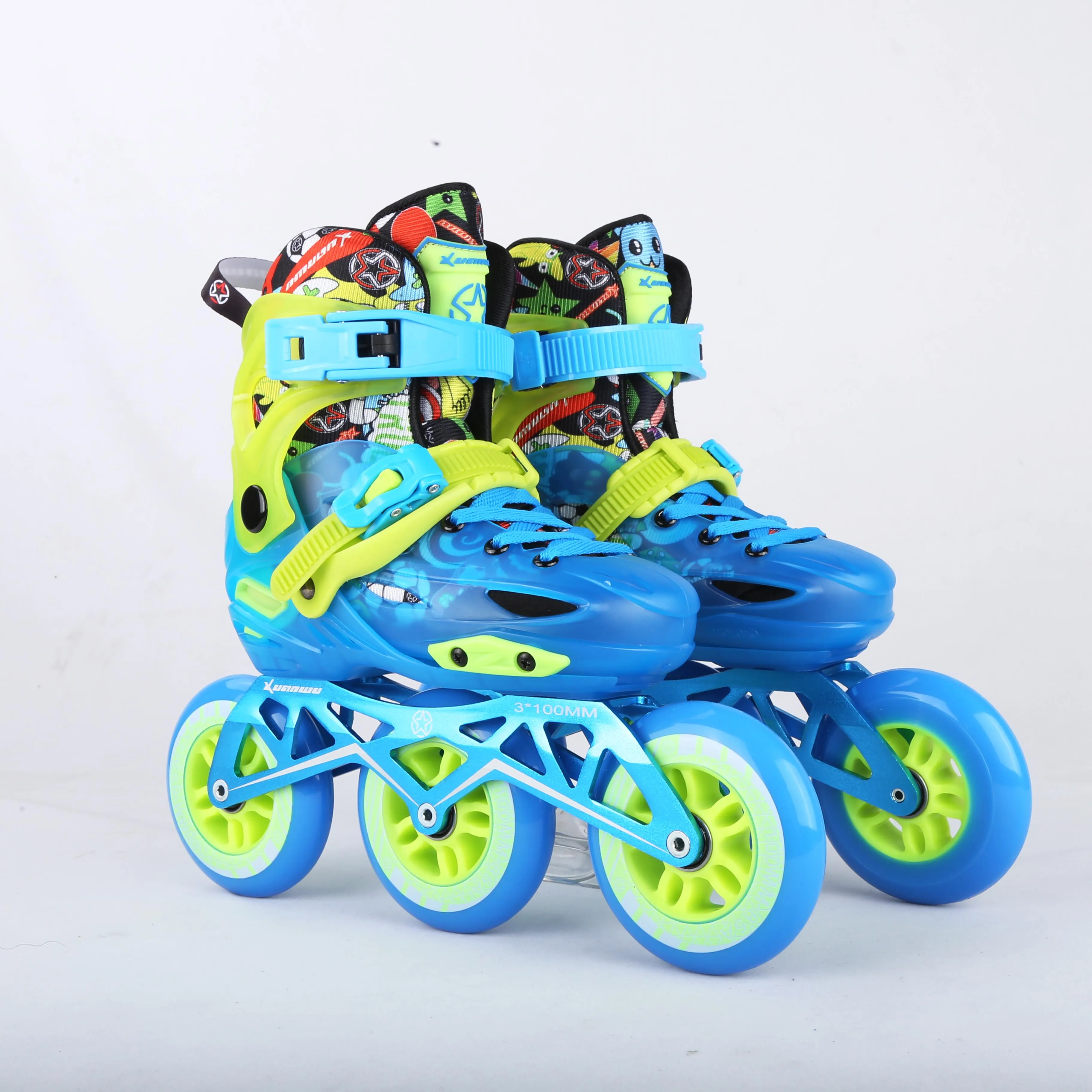 High quality  3*100mm PU rubber wheels  CNC6063 chassis  blue pink children adults  roller slalom inline skates