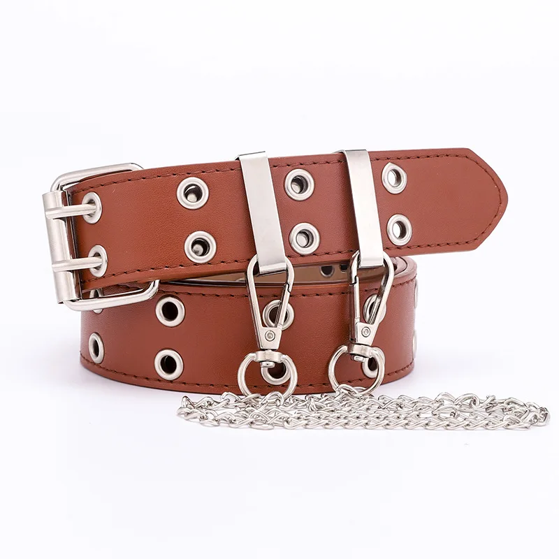 
New punk style double-row gas eye PU belt ladies jeans fashion belt chain decoration wide belt women 