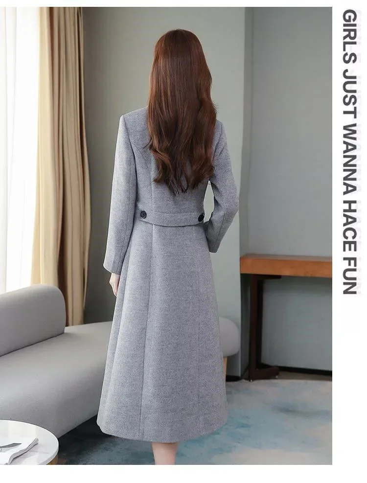 Elegant Coat Thickened Woolen Outerwear Waist Tight Autumn Winter Double Breasted Long Woolen Cardigan Cold Resistant