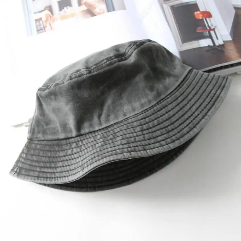 Custom big brim vintage fisherman bucket hat black blue washed jeans denim bucket hat for women men