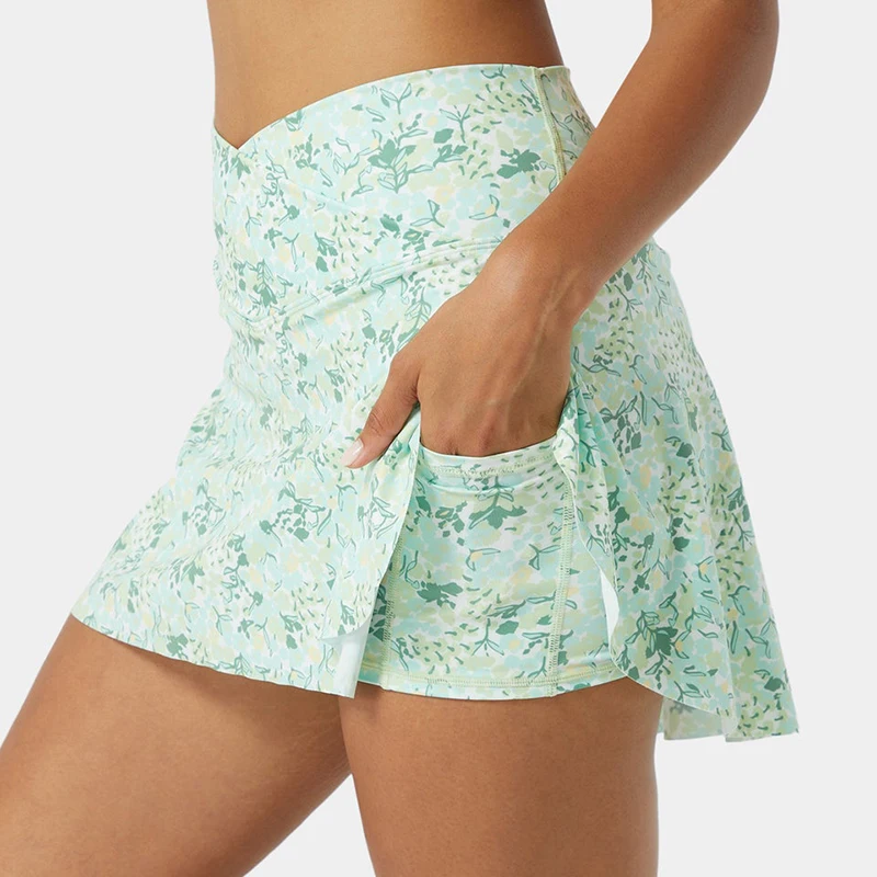 OEM New Design Wholesale Women Breathable Floral Printed Dress Everyday Crossover Side Pocket 2-in-1 Tennis Skirt-Lucid