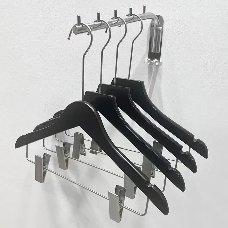 Custom Logo Skirt Trouser Pants Solid Wood Clothes Hanger Gold and Black Wooden Hangers with Clip