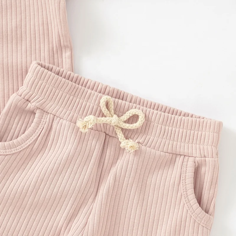 Wholesale Organic Knitted Full Sleeve Spring Autumn 4x2 Ribbed Cotton Baby Pajamas Set Sleeping Clothes