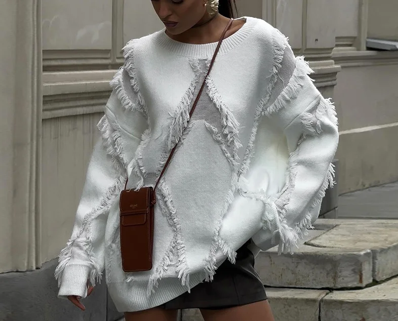 Peeqi F24TP148 Vintage Winter New Sweaters for Women Loose Knitted Tassel Long Sleeve Top Wholesale Knitwear Casual Clothing