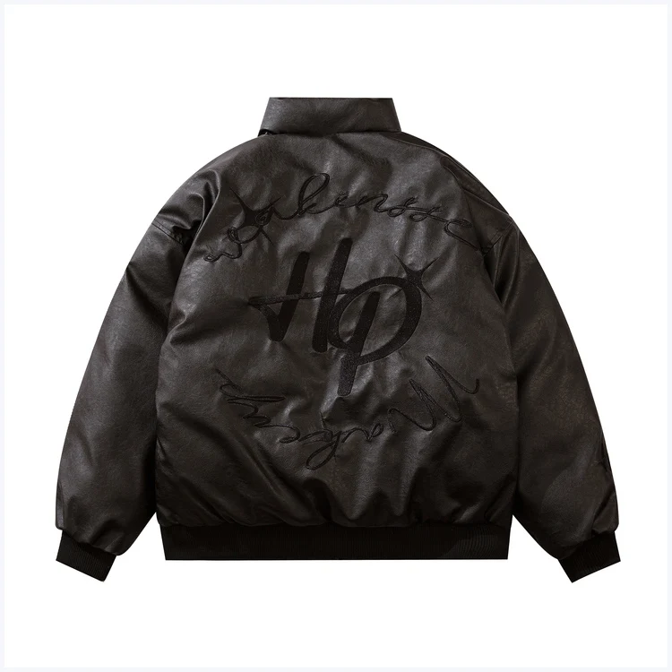 Oem Mens Retro Embroidery Coat Custom Logo Cotton-padded Jacket Pu Leather Jacket Men