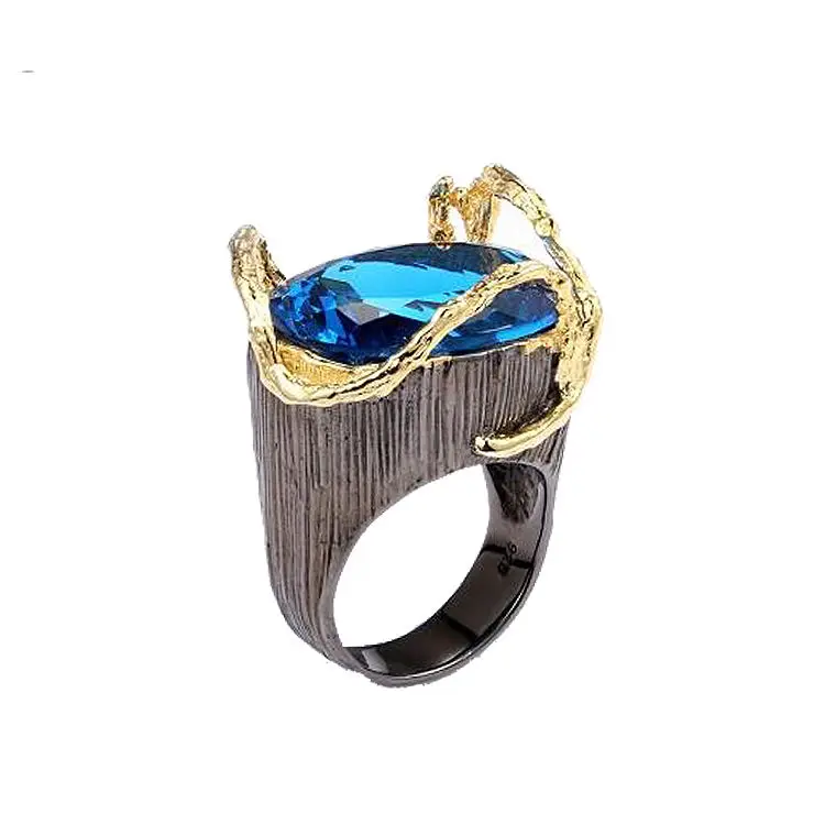 New Arrivals saudi arabia Ring Blue Grass 925 Sterling Silver Antique Ring with Gold Plated
