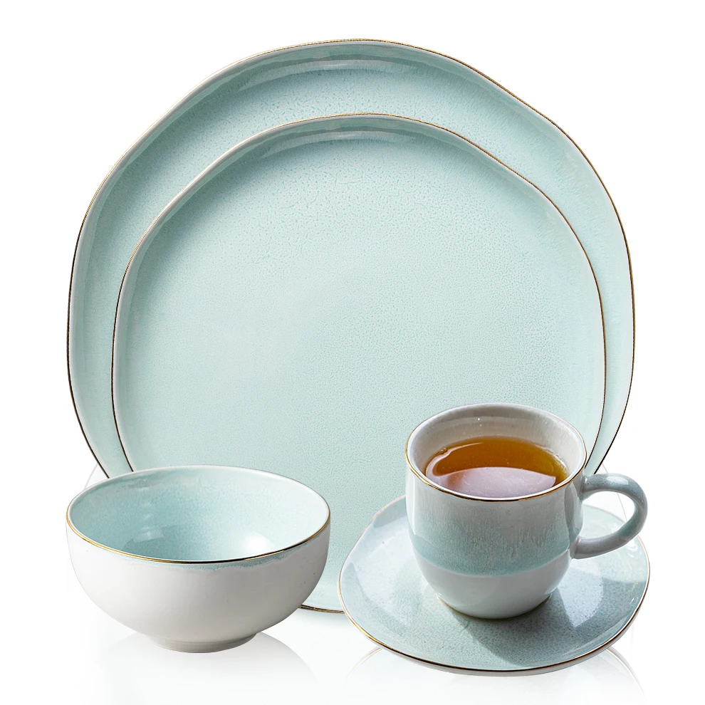 2021 бытовые новый дизайн столовая посуда набор Nordic пестрая стиль золотым ободком синяя и белая керамическая из 16 предметов посуды