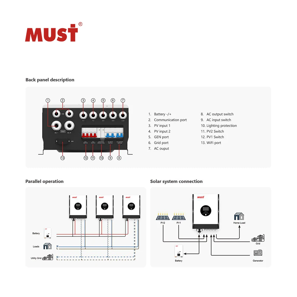 MUST 8~12KW  PV 250V MPPT efficiency max 98% Inside BMS function LOW FREQUENCY SPLIT PHASE SOLAR INVERTER
