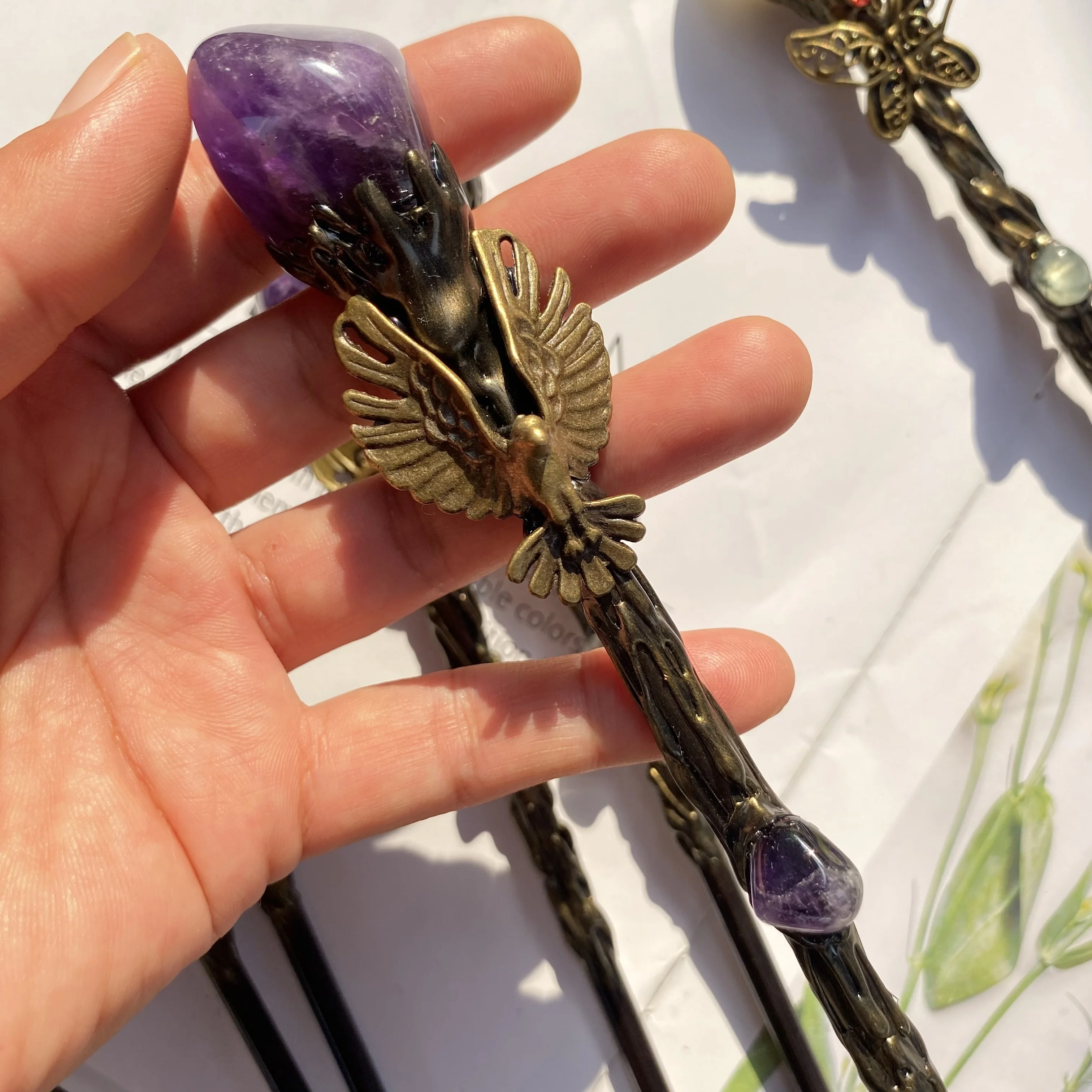 Gem Fairy Stick Crafts Alloy Angel Dragon Accessories Rose Quartz Amethyst Healing Crystal Magic Wand Ornament For Gifts