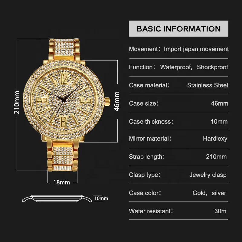 High Quality Fashion Women Watches With Rhinestone Big Face Gold Ladies Bling Hip Hop Watch Quartz Top Brand Luxury Wristwatch