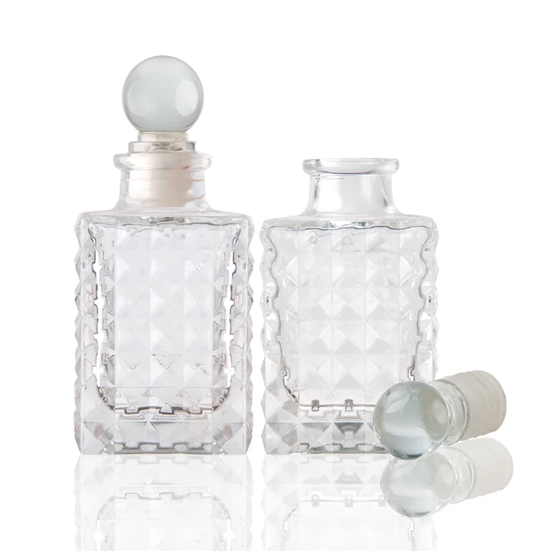 80ml Clear long neck Square Embossed  wide diameter mouth Glass Bottle with Lid