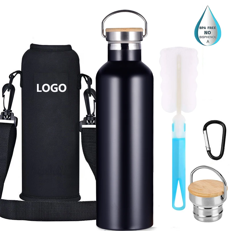 750ml 1000ml Vacuum Bottle Insulated Drink Sports Gym Hiking Bike Powder Coated Stainless Steel Water Bottle with Bamboo Lids
